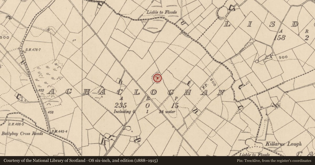 Ordnance Survey six-inch map, 2nd edition (1888–1915) covering the location of Ringfort - rath, Aghacloghan, County Monaghan, with a pin at the register's coordinates