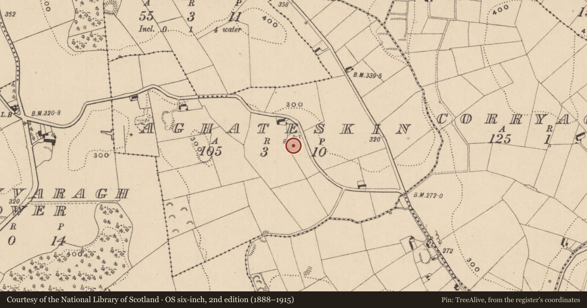 Ordnance Survey six-inch map, 2nd edition (1888–1915) covering the location of Ringfort - rath, Aghateskin, County Monaghan, with a pin at the register's coordinates