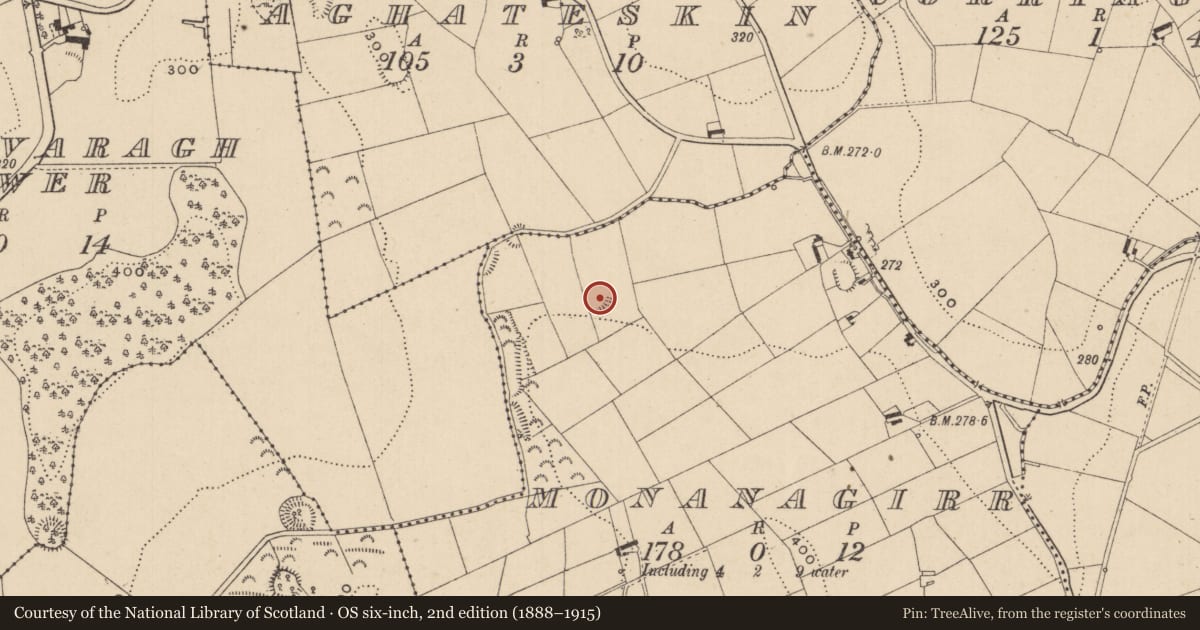 Ordnance Survey six-inch map, 2nd edition (1888–1915) covering the location of Ringfort - rath, Monanagirr, County Monaghan, with a pin at the register's coordinates