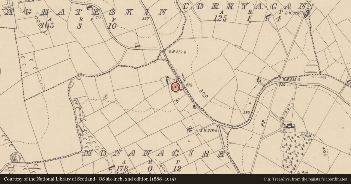 Ordnance Survey six-inch map, 2nd edition (1888–1915) covering the location of Ringfort - rath, Monanagirr, County Monaghan, with a pin at the register's coordinates