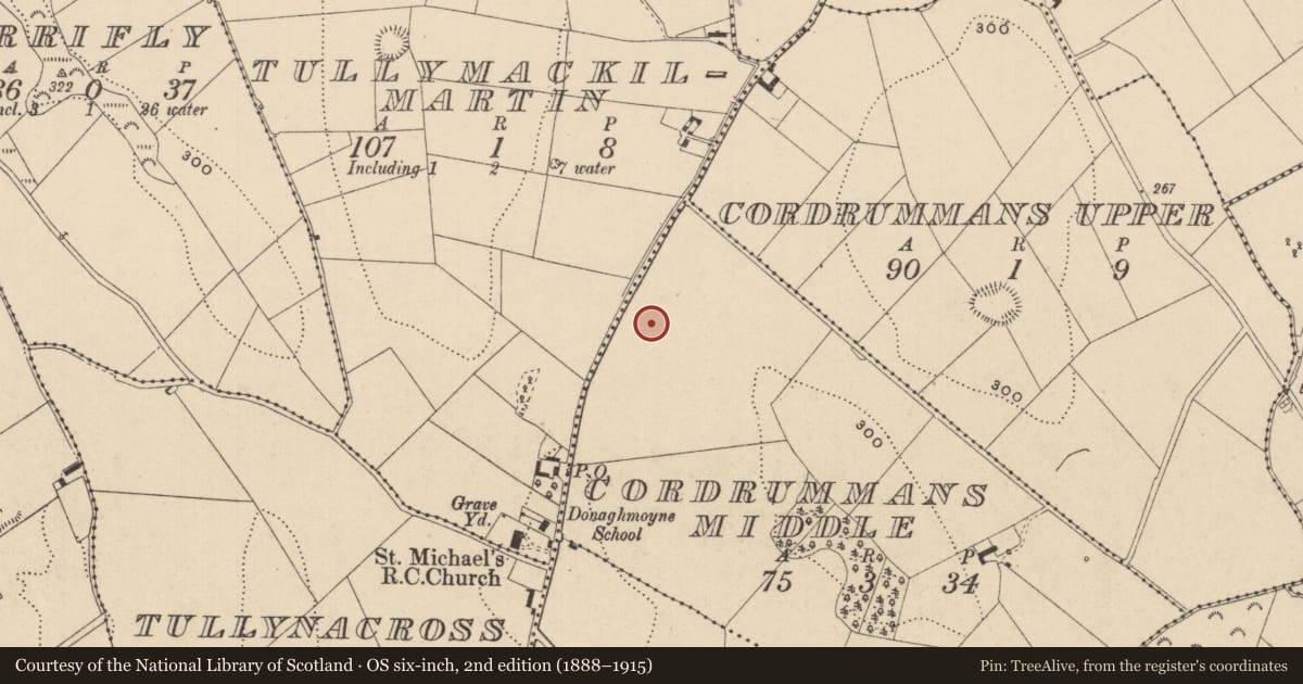 Ordnance Survey six-inch map, 2nd edition (1888–1915) covering the location of Ringfort - rath, Cordrummans Middle, County Monaghan, with a pin at the register's coordinates