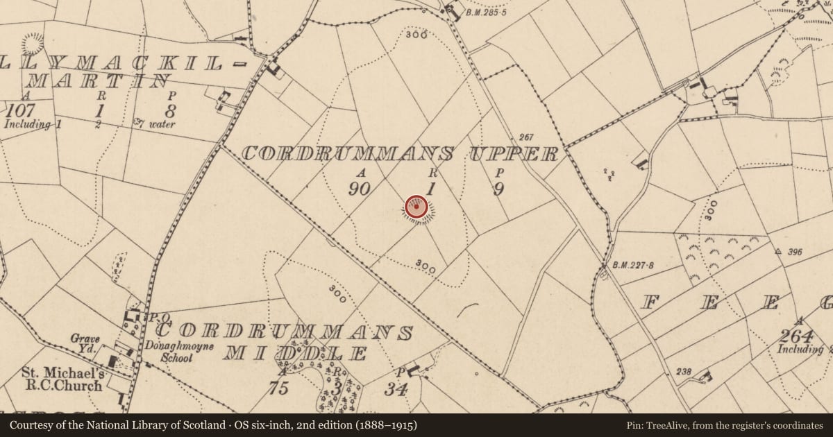 Ordnance Survey six-inch map, 2nd edition (1888–1915) covering the location of Ringfort - rath, Cordrummans Upper, County Monaghan, with a pin at the register's coordinates
