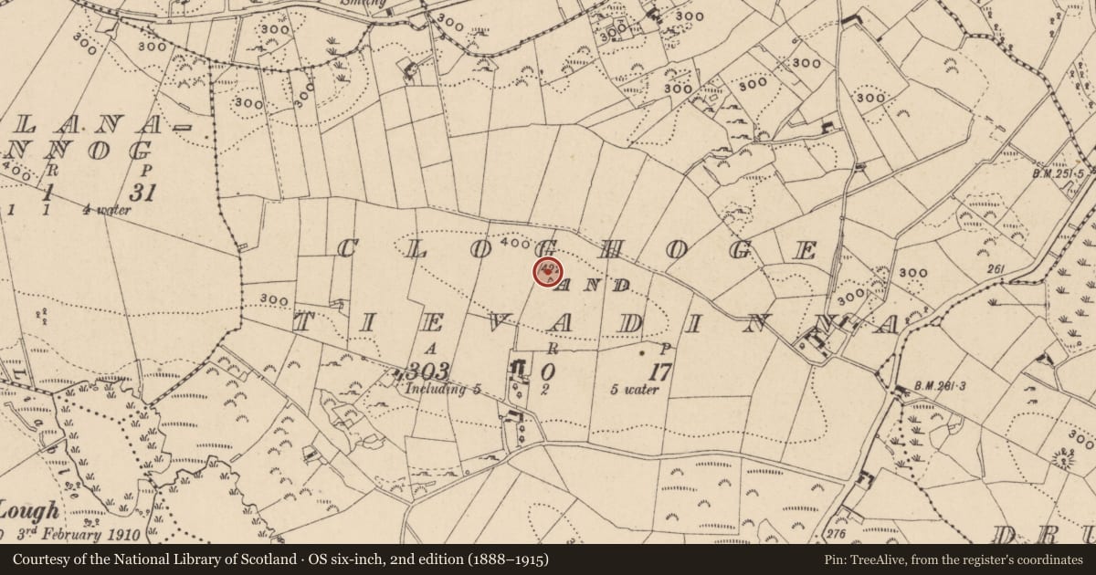 Ordnance Survey six-inch map, 2nd edition (1888–1915) covering the location of Ringfort - rath, Cloghoge And Tievadinna, County Monaghan, with a pin at the register's coordinates