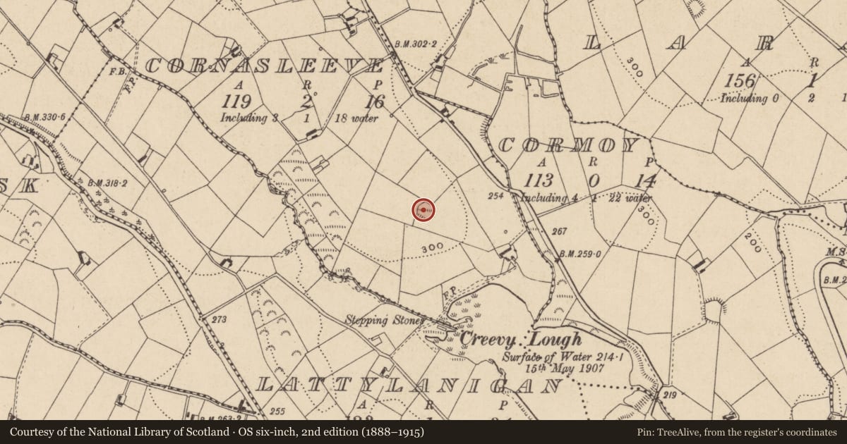 Ordnance Survey six-inch map, 2nd edition (1888–1915) covering the location of Souterrain, Cornasleeve, County Monaghan, with a pin at the register's coordinates