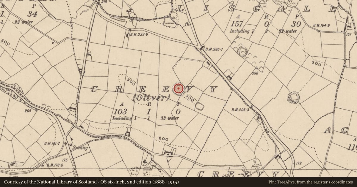 Ordnance Survey six-inch map, 2nd edition (1888–1915) covering the location of Ringfort - rath, Creevy (Oliver), County Monaghan, with a pin at the register's coordinates