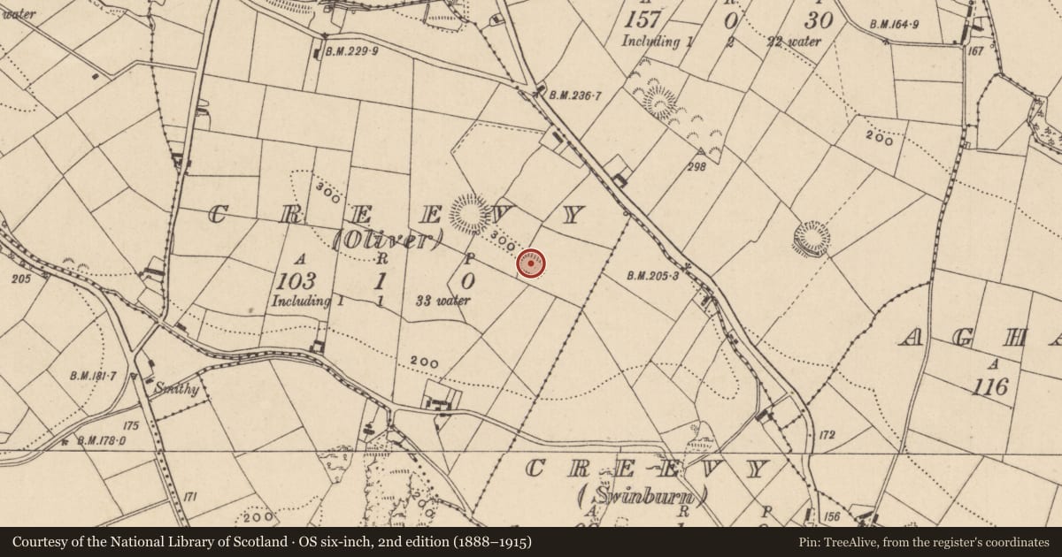 Ordnance Survey six-inch map, 2nd edition (1888–1915) covering the location of Ringfort - rath, Creevy (Oliver), County Monaghan, with a pin at the register's coordinates
