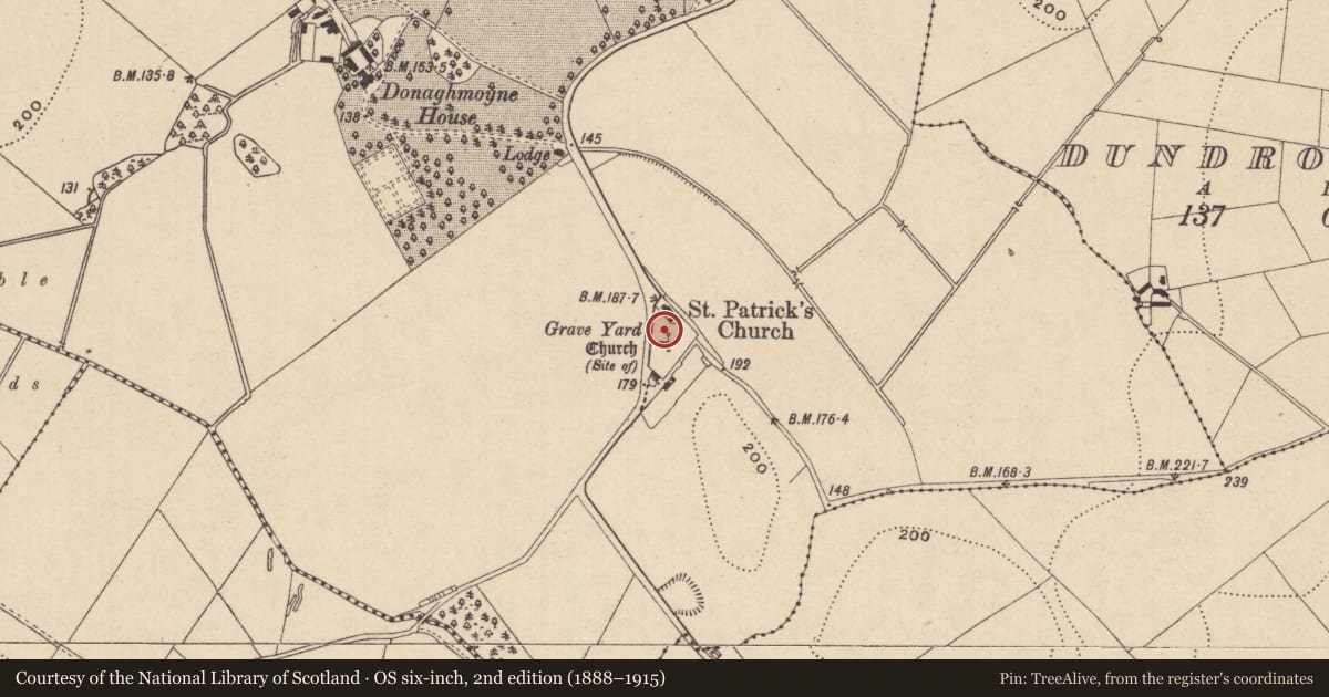 Ordnance Survey six-inch map, 2nd edition (1888–1915) covering the location of Church, Donaghmoyne, County Monaghan, with a pin at the register's coordinates