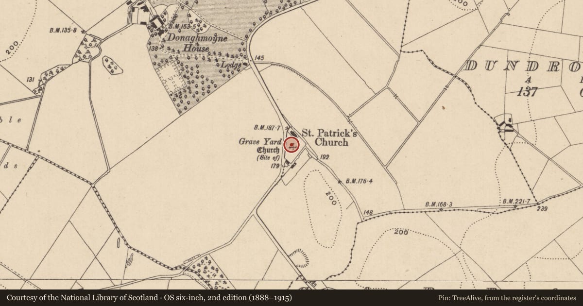 Ordnance Survey six-inch map, 2nd edition (1888–1915) covering the location of Graveyard, Donaghmoyne, County Monaghan, with a pin at the register's coordinates