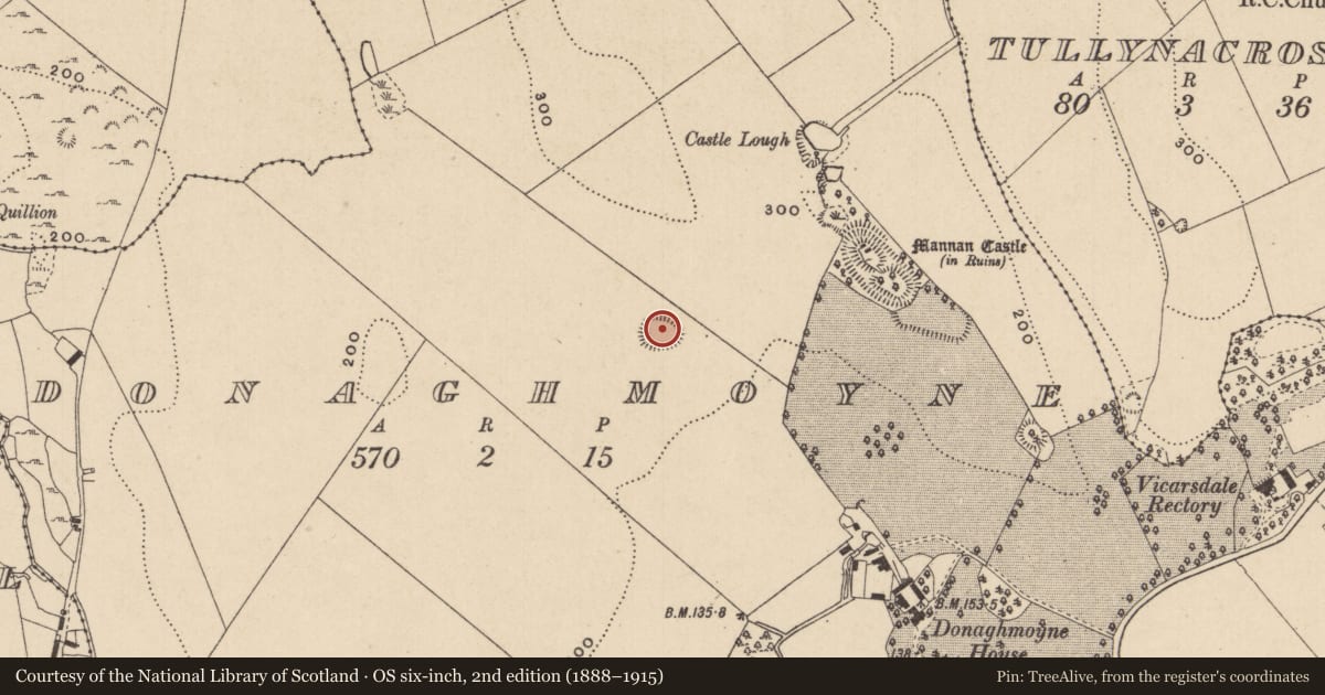 Ordnance Survey six-inch map, 2nd edition (1888–1915) covering the location of Ringfort - rath, Donaghmoyne, County Monaghan, with a pin at the register's coordinates