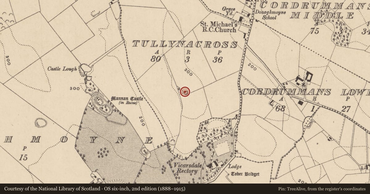 Ordnance Survey six-inch map, 2nd edition (1888–1915) covering the location of Ringfort - rath, Tullynacross, County Monaghan, with a pin at the register's coordinates