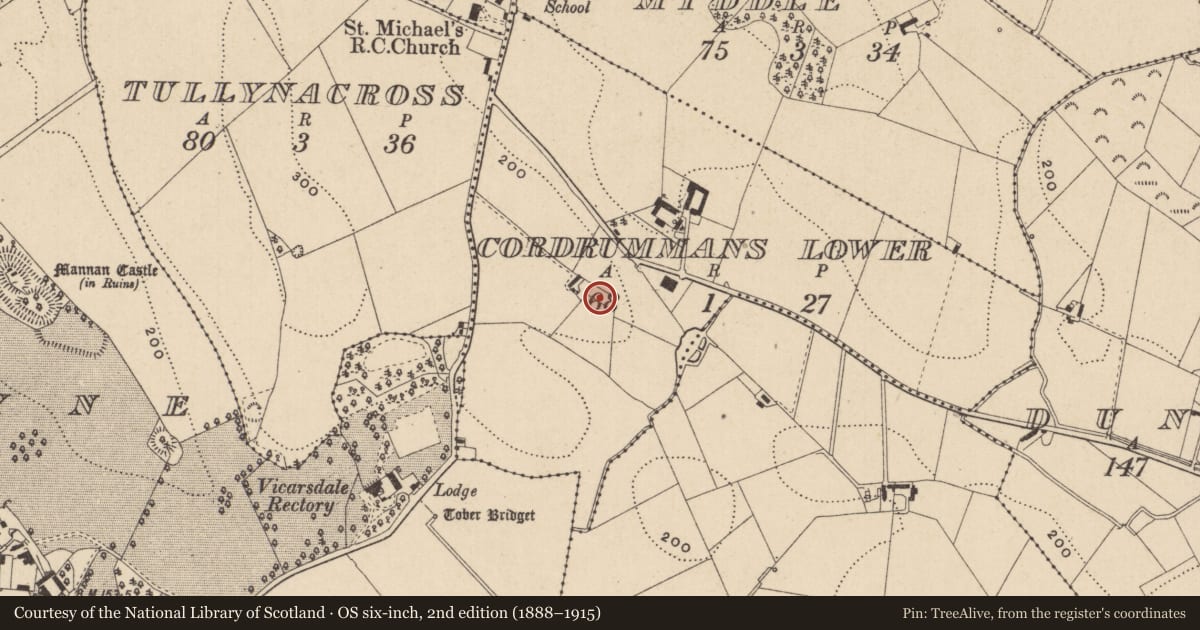 Ordnance Survey six-inch map, 2nd edition (1888–1915) covering the location of Ringfort - rath, Cordrummans Lower, County Monaghan, with a pin at the register's coordinates