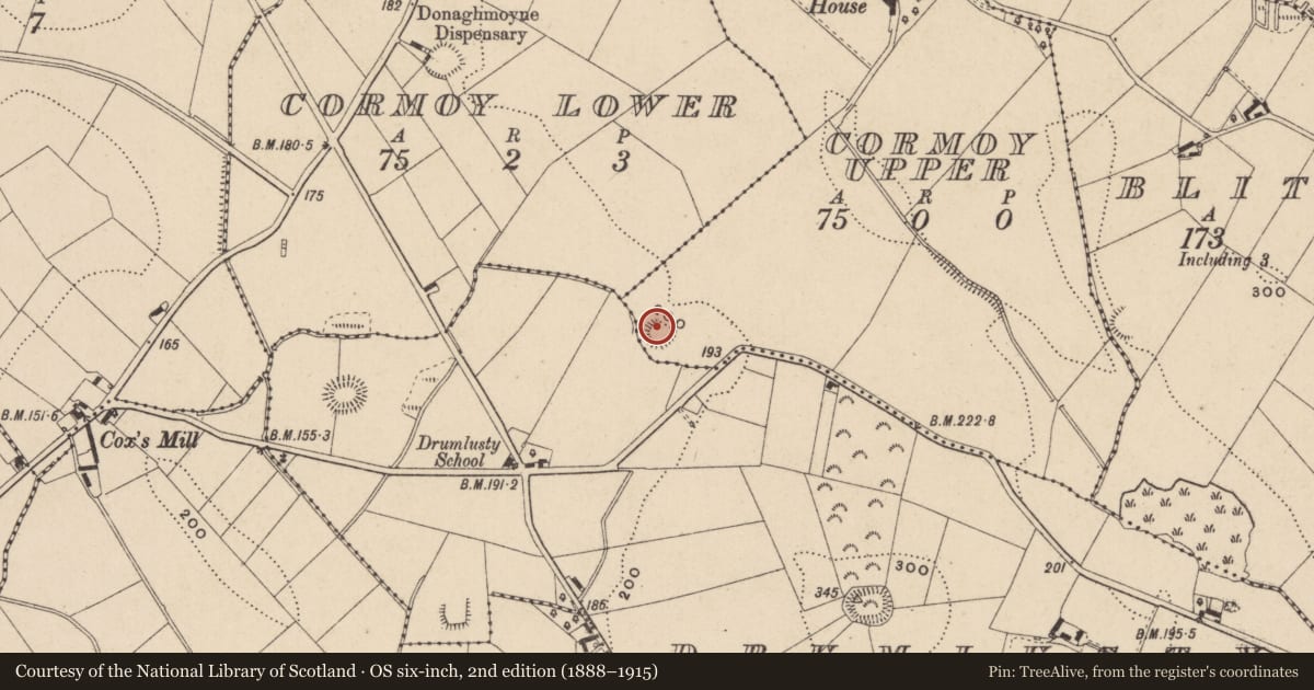 Ordnance Survey six-inch map, 2nd edition (1888–1915) covering the location of Ringfort - rath, Cormoy Upper, County Monaghan, with a pin at the register's coordinates