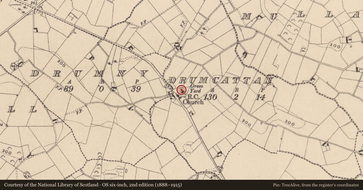 Ordnance Survey six-inch map, 2nd edition (1888–1915) covering the location of Church, Drumcatton, County Monaghan, with a pin at the register's coordinates