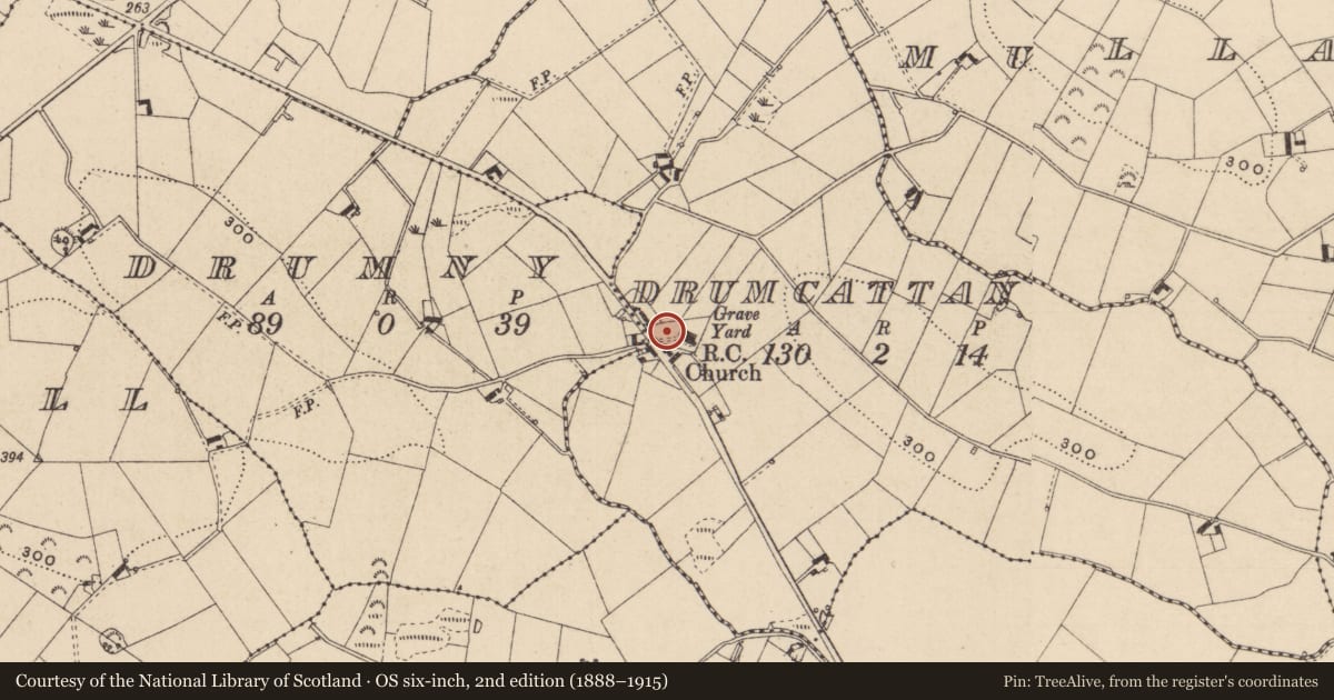 Ordnance Survey six-inch map, 2nd edition (1888–1915) covering the location of Graveyard, Drumcatton, County Monaghan, with a pin at the register's coordinates