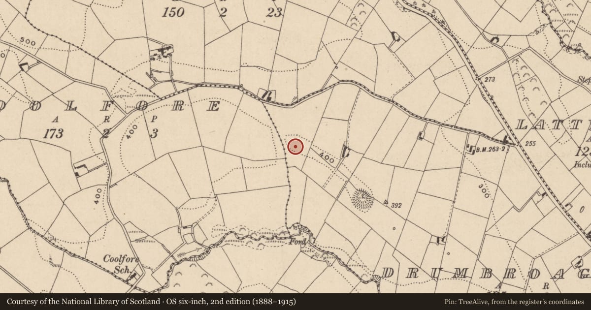 Ordnance Survey six-inch map, 2nd edition (1888–1915) covering the location of Ringfort - rath, Drumbroagh, County Monaghan, with a pin at the register's coordinates