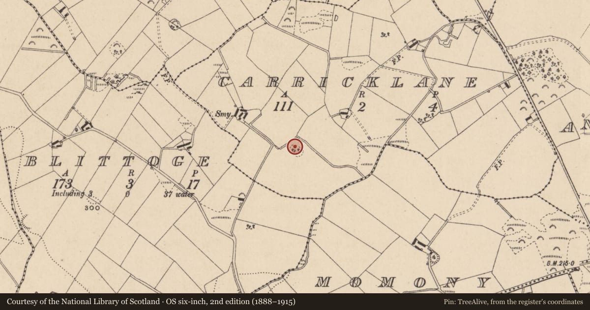 Ordnance Survey six-inch map, 2nd edition (1888–1915) covering the location of Mound, Carricklane, County Monaghan, with a pin at the register's coordinates