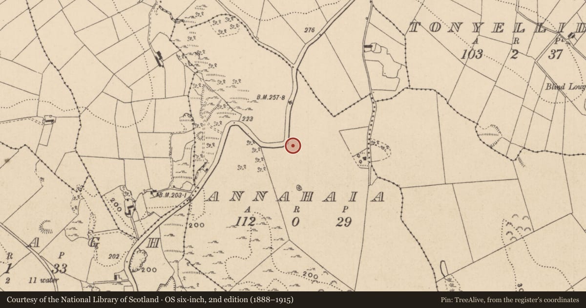 Ordnance Survey six-inch map, 2nd edition (1888–1915) covering the location of Mass-rock, Annahaia, County Monaghan, with a pin at the register's coordinates