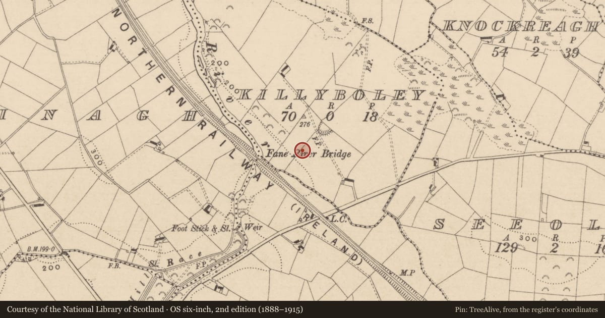 Ordnance Survey six-inch map, 2nd edition (1888–1915) covering the location of Souterrain, Killyboley, County Monaghan, with a pin at the register's coordinates