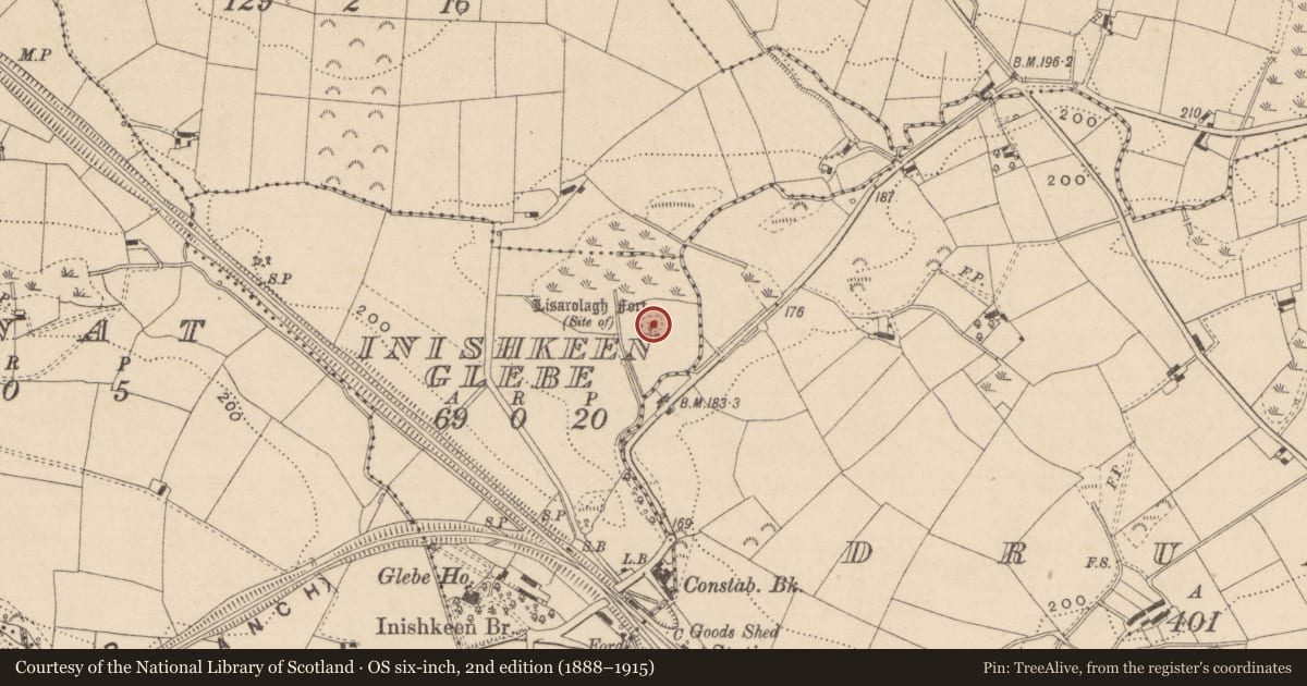 Ordnance Survey six-inch map, 2nd edition (1888–1915) covering the location of Ringfort - rath, Inishkeen Glebe, County Monaghan, with a pin at the register's coordinates