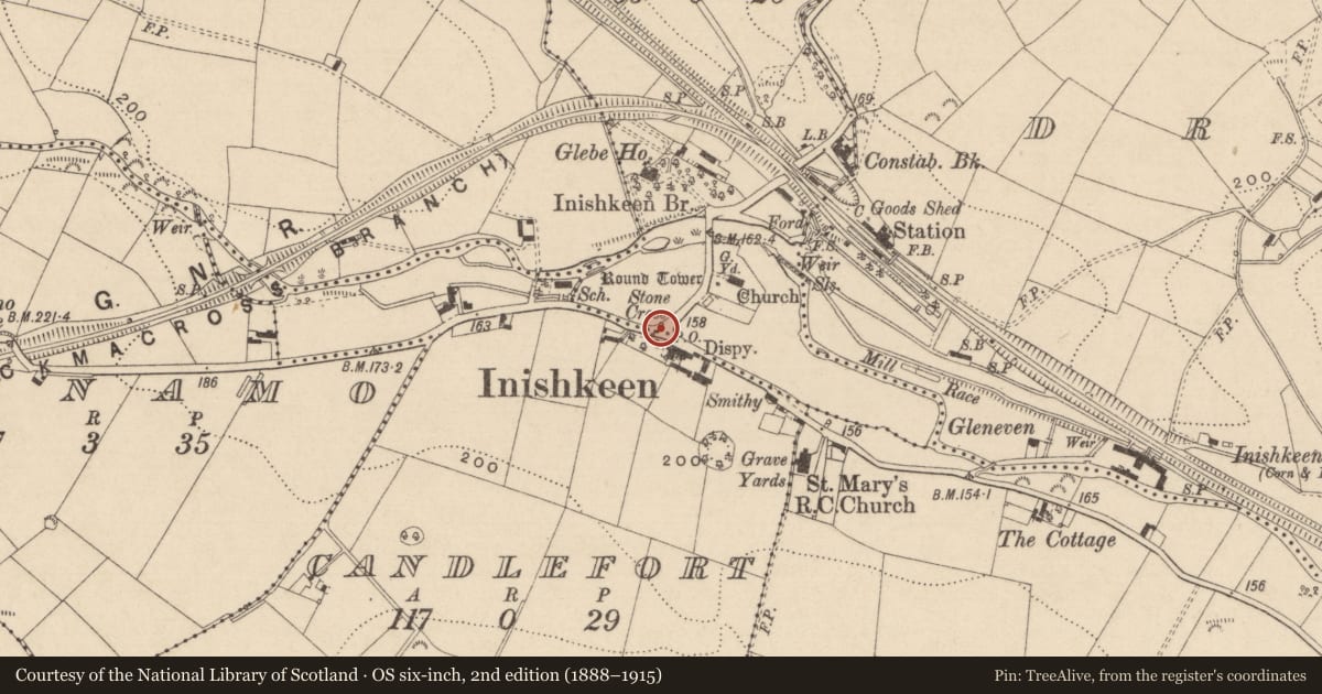 Ordnance Survey six-inch map, 2nd edition (1888–1915) covering the location of Cross - Wayside cross, Inishkeen Glebe, County Monaghan, with a pin at the register's coordinates