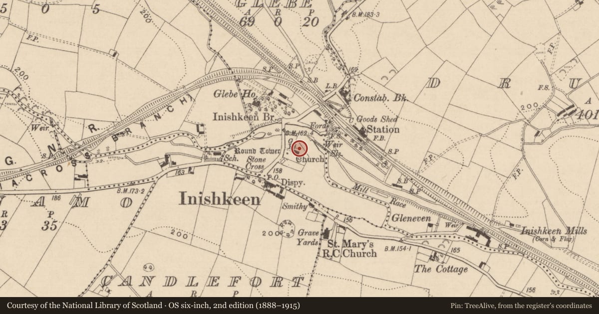 Ordnance Survey six-inch map, 2nd edition (1888–1915) covering the location of Church, Inishkeen Glebe, County Monaghan, with a pin at the register's coordinates