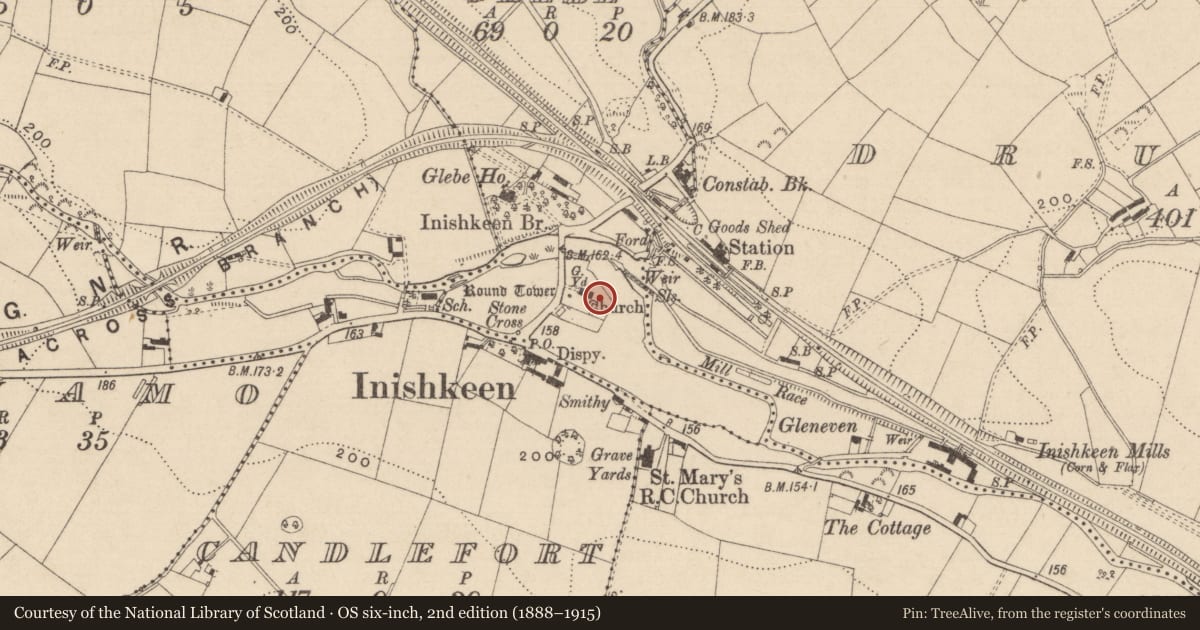 Ordnance Survey six-inch map, 2nd edition (1888–1915) covering the location of Mausoleum, Inishkeen Glebe, County Monaghan, with a pin at the register's coordinates