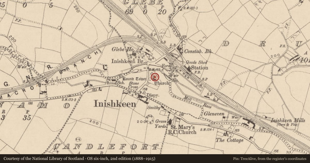 Ordnance Survey six-inch map, 2nd edition (1888–1915) covering the location of Cist, Inishkeen Glebe, County Monaghan, with a pin at the register's coordinates