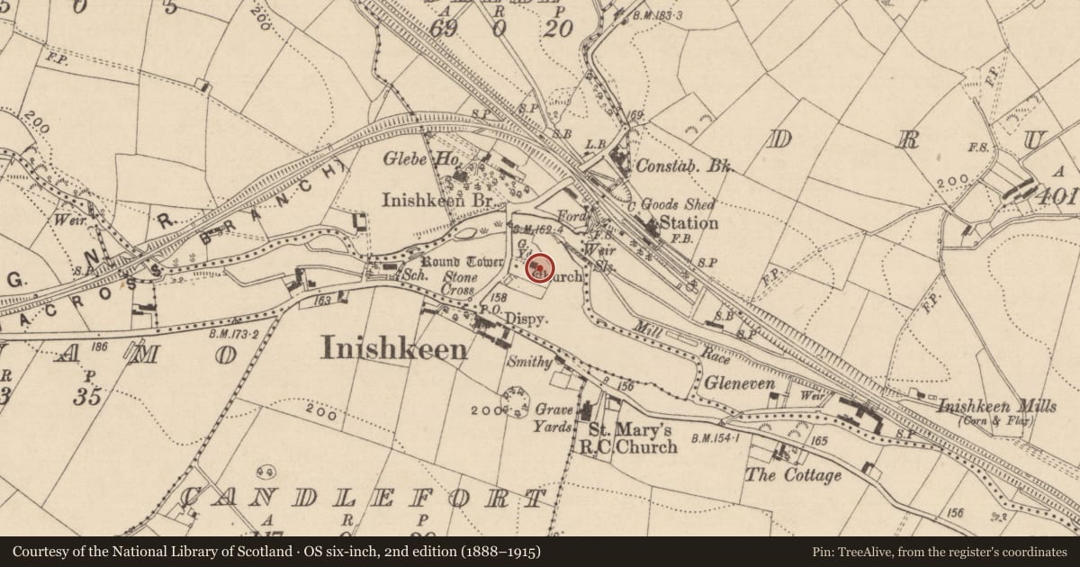 Ordnance Survey six-inch map, 2nd edition (1888–1915) covering the location of Memorial stone, Inishkeen Glebe, County Monaghan, with a pin at the register's coordinates