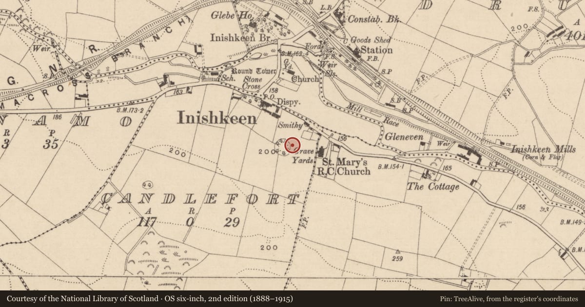 Ordnance Survey six-inch map, 2nd edition (1888–1915) covering the location of Castle - motte and bailey, Candlefort, County Monaghan, with a pin at the register's coordinates