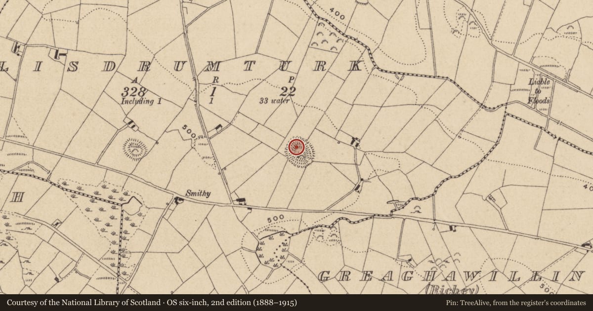 Ordnance Survey six-inch map, 2nd edition (1888–1915) covering the location of Souterrain, Lisdrumturk, County Monaghan, with a pin at the register's coordinates