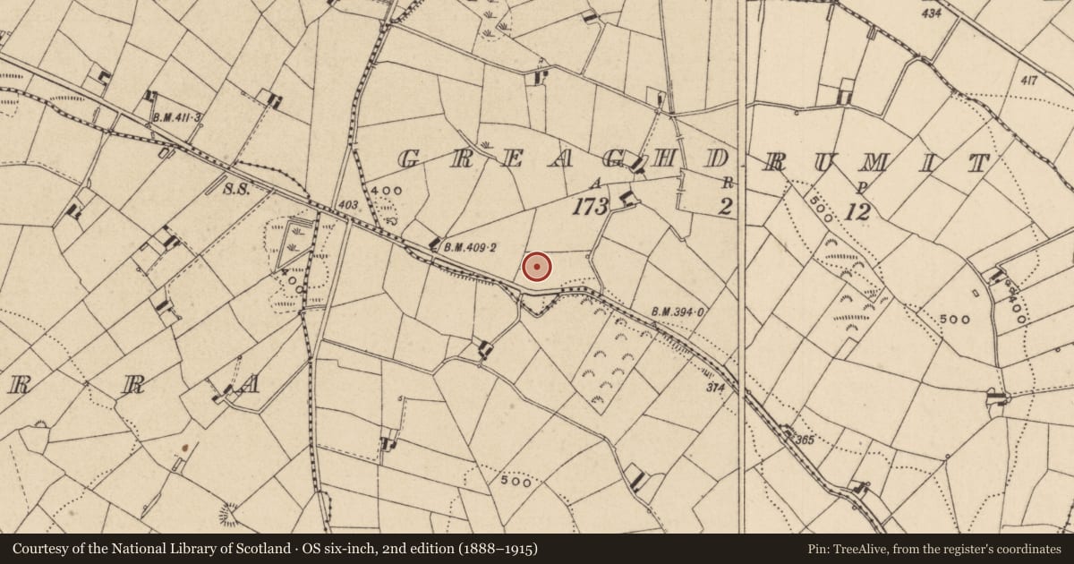 Ordnance Survey six-inch map, 2nd edition (1888–1915) covering the location of Ringfort - rath, Greaghdrumit, County Monaghan, with a pin at the register's coordinates