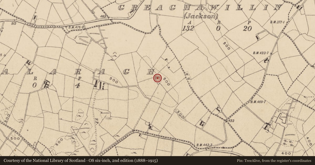 Ordnance Survey six-inch map, 2nd edition (1888–1915) covering the location of Ringfort - rath, Cornalaragh, County Monaghan, with a pin at the register's coordinates