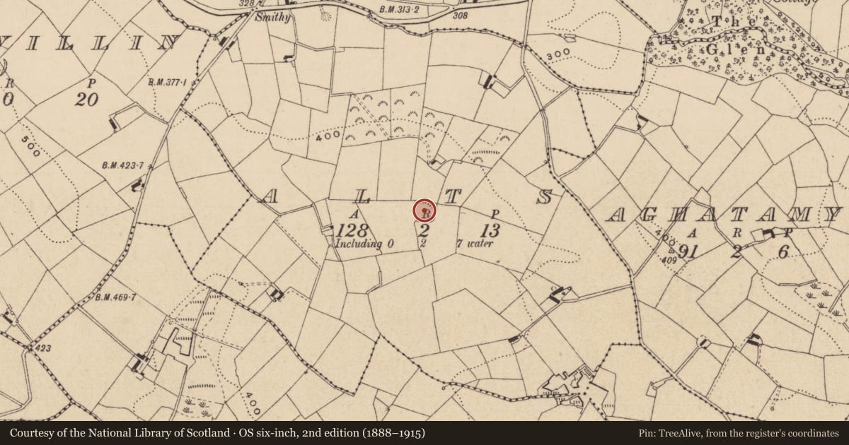 Ordnance Survey six-inch map, 2nd edition (1888–1915) covering the location of Ringfort - rath, Alts, County Monaghan, with a pin at the register's coordinates