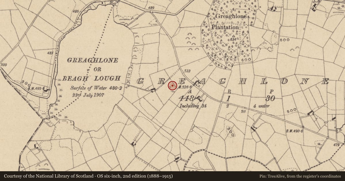 Ordnance Survey six-inch map, 2nd edition (1888–1915) covering the location of Ringfort - rath, Greaghlone, County Monaghan, with a pin at the register's coordinates