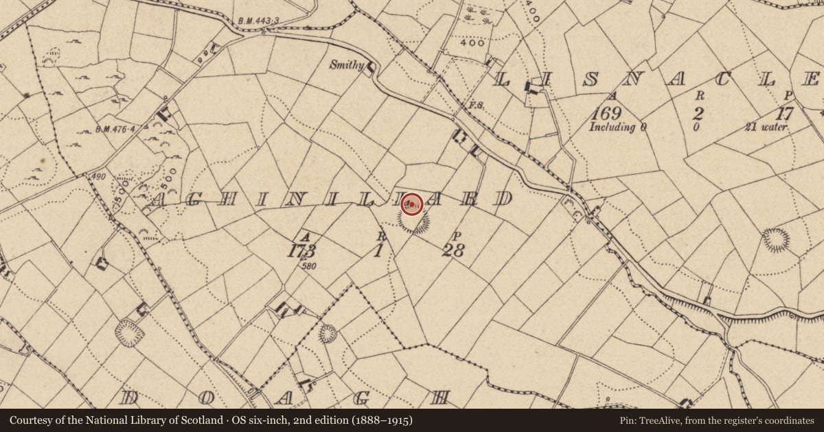 Ordnance Survey six-inch map, 2nd edition (1888–1915) covering the location of Souterrain, Aghinillard, County Monaghan, with a pin at the register's coordinates