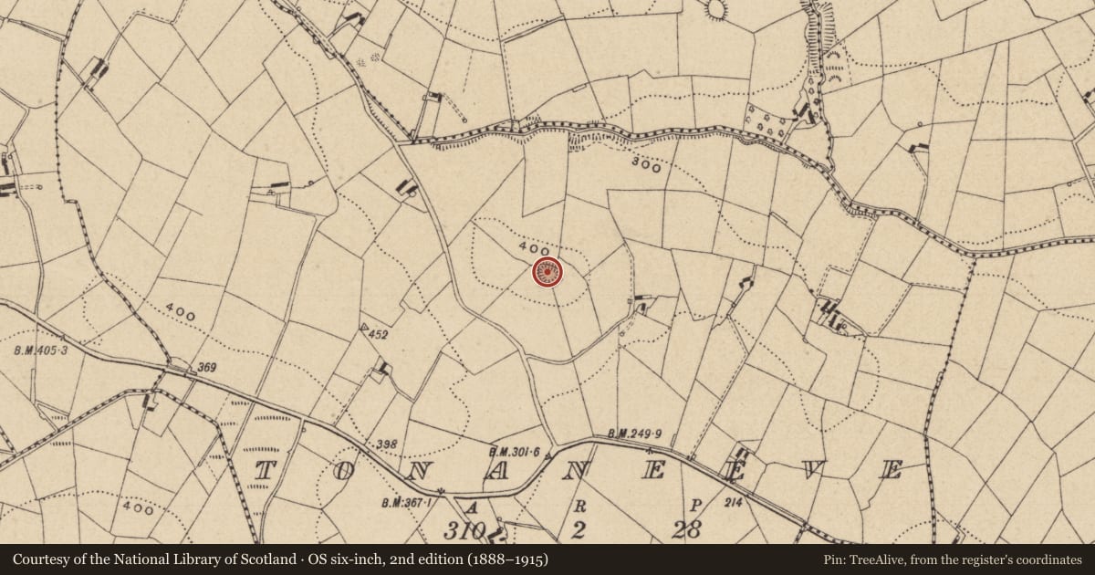 Ordnance Survey six-inch map, 2nd edition (1888–1915) covering the location of Ringfort - rath, Tonaneeve, County Monaghan, with a pin at the register's coordinates