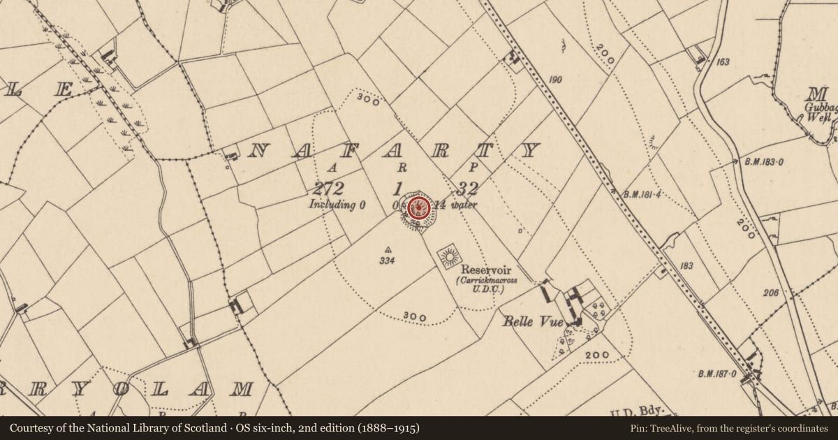 Ordnance Survey six-inch map, 2nd edition (1888–1915) covering the location of Ringfort - rath, Nafarty, County Monaghan, with a pin at the register's coordinates