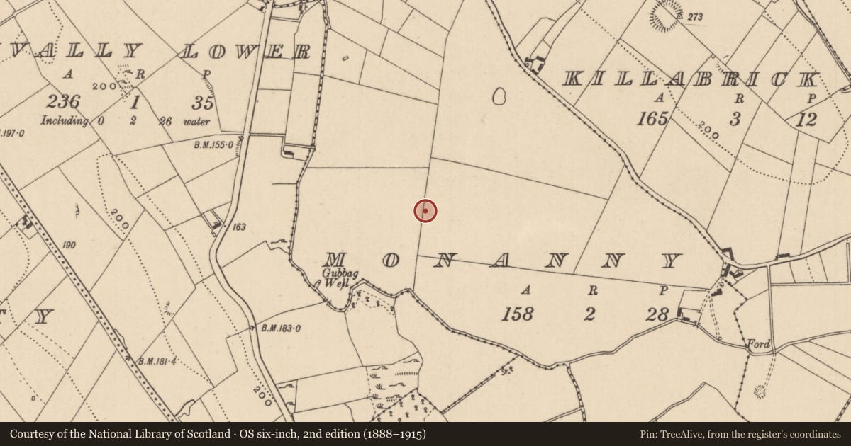 Ordnance Survey six-inch map, 2nd edition (1888–1915) covering the location of Ringfort - rath, Monanny, County Monaghan, with a pin at the register's coordinates