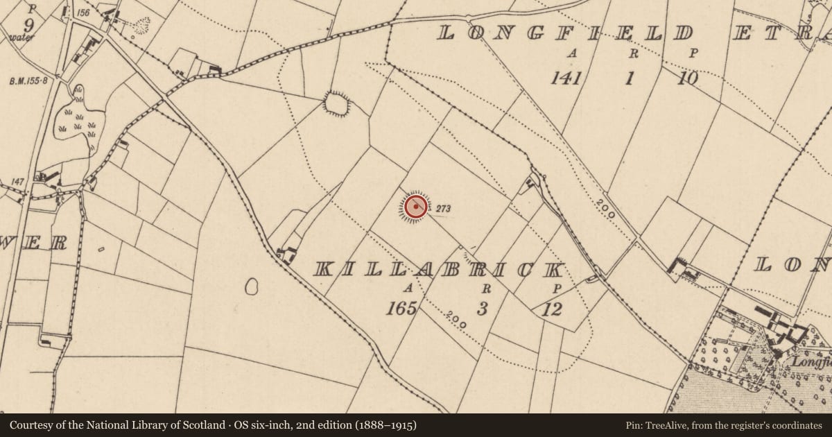 Ordnance Survey six-inch map, 2nd edition (1888–1915) covering the location of Ringfort - rath, Killabrick, County Monaghan, with a pin at the register's coordinates