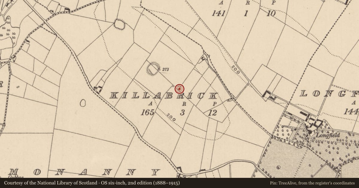 Ordnance Survey six-inch map, 2nd edition (1888–1915) covering the location of Ringfort - rath, Killabrick, County Monaghan, with a pin at the register's coordinates