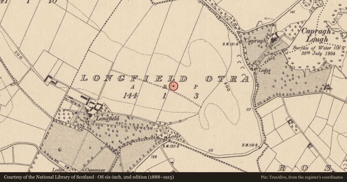 Ordnance Survey six-inch map, 2nd edition (1888–1915) covering the location of Ringfort - rath, Longfield Otra, County Monaghan, with a pin at the register's coordinates
