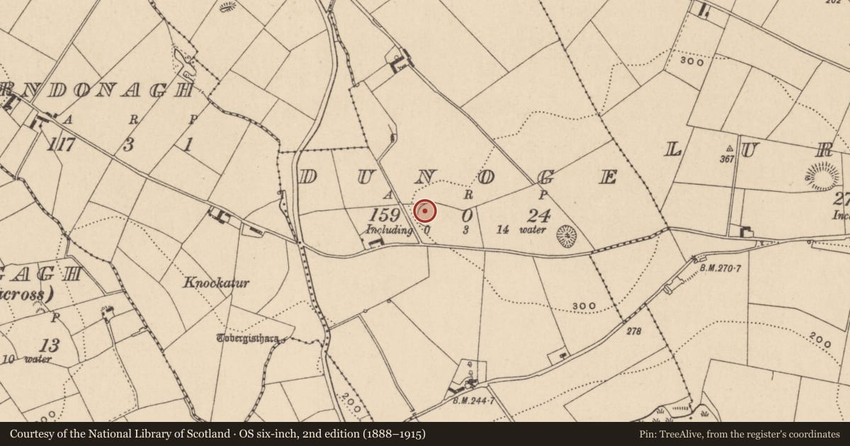 Ordnance Survey six-inch map, 2nd edition (1888–1915) covering the location of Ringfort - rath, Dunoge, County Monaghan, with a pin at the register's coordinates