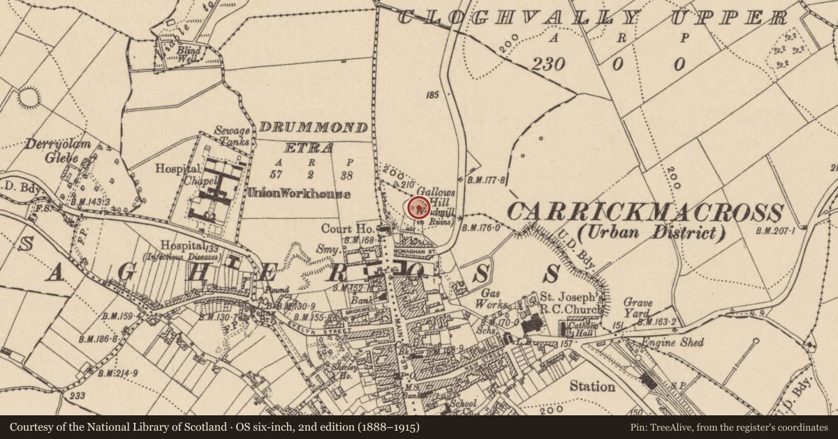 Ordnance Survey six-inch map, 2nd edition (1888–1915) covering the location of Ringfort - rath, Drummond Otra, County Monaghan, with a pin at the register's coordinates