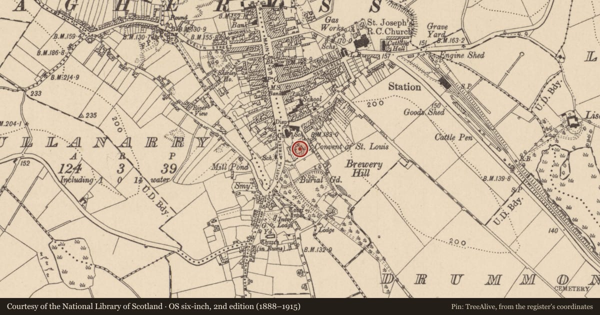 Ordnance Survey six-inch map, 2nd edition (1888–1915) covering the location of House - fortified house, Drummond Otra, County Monaghan, with a pin at the register's coordinates