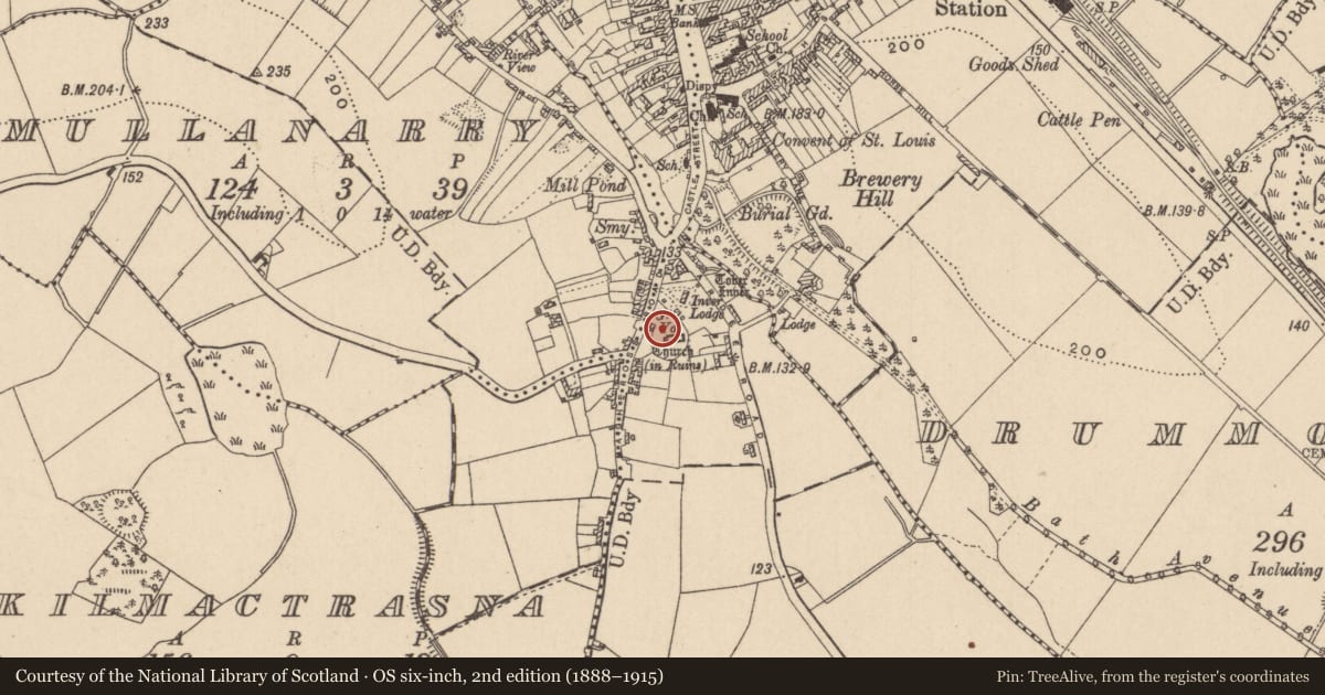 Ordnance Survey six-inch map, 2nd edition (1888–1915) covering the location of Bullaun stone, Magheross, County Monaghan, with a pin at the register's coordinates