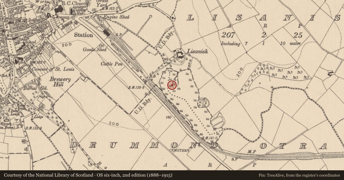 Ordnance Survey six-inch map, 2nd edition (1888–1915) covering the location of Crannog, Lisanisk, County Monaghan, with a pin at the register's coordinates