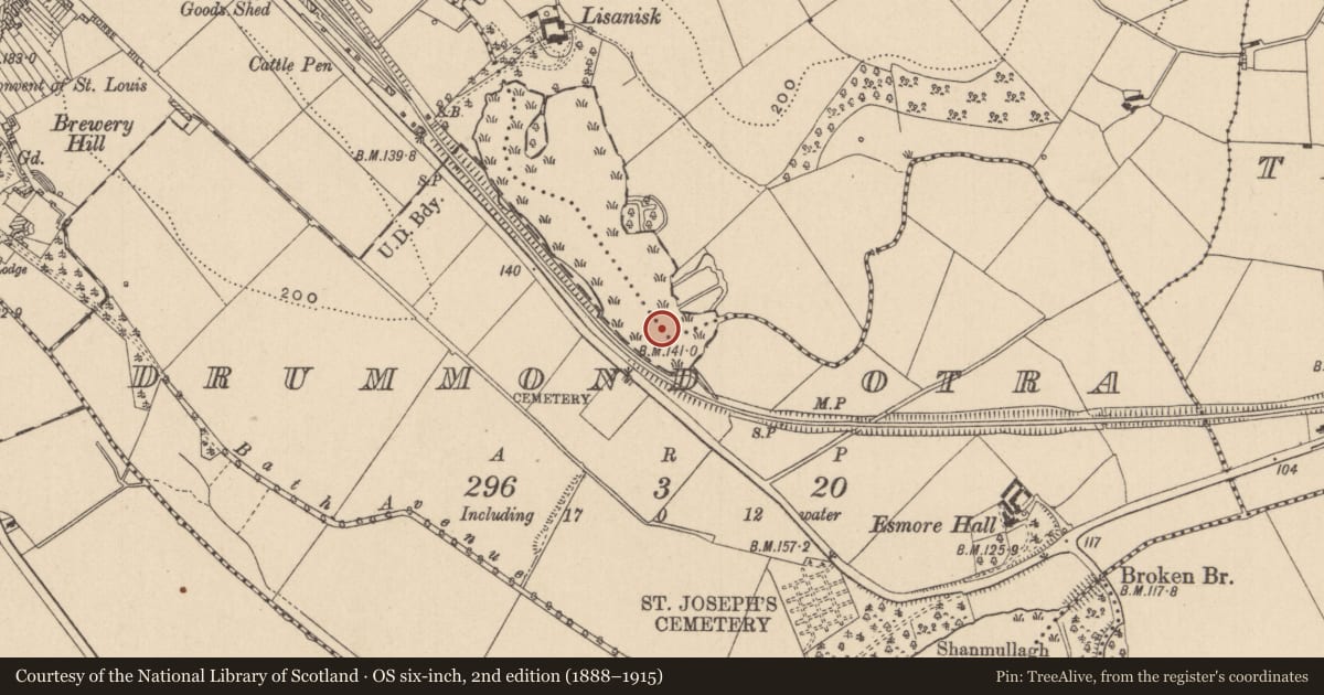 Ordnance Survey six-inch map, 2nd edition (1888–1915) covering the location of Crannog, Drummond Otra, County Monaghan, with a pin at the register's coordinates