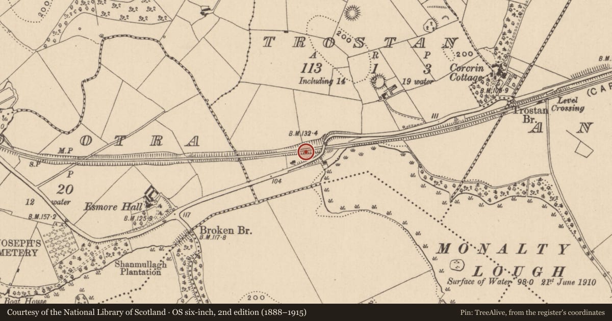 Ordnance Survey six-inch map, 2nd edition (1888–1915) covering the location of Souterrain, Trostan, County Monaghan, with a pin at the register's coordinates