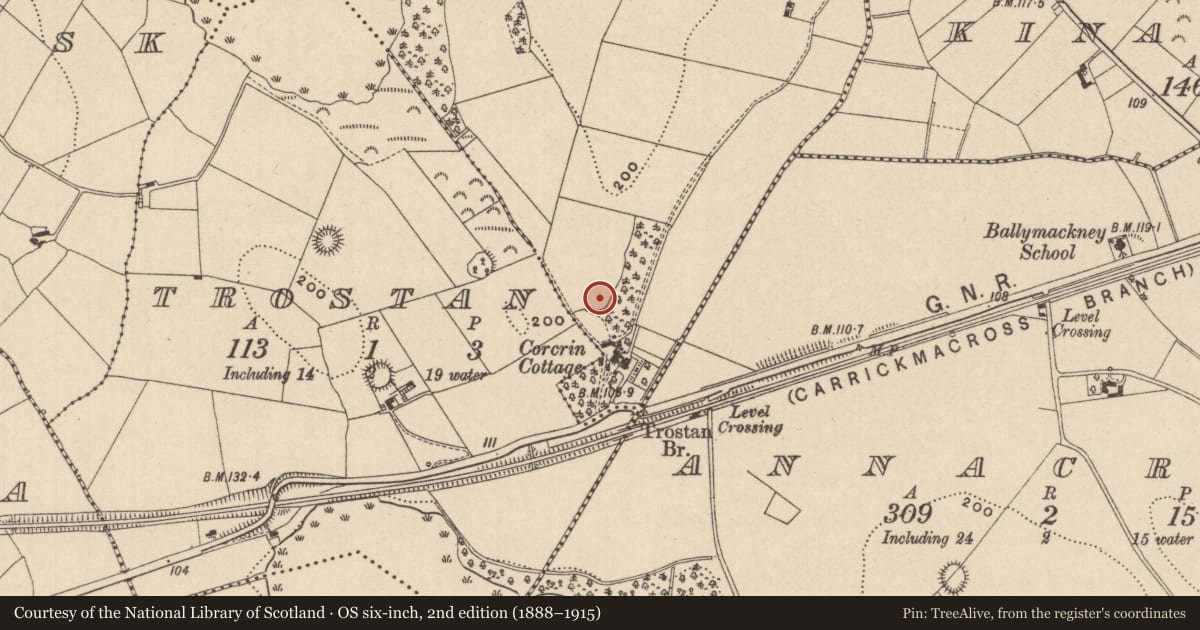 Ordnance Survey six-inch map, 2nd edition (1888–1915) covering the location of Ringfort - unclassified, Corcrin, County Monaghan, with a pin at the register's coordinates