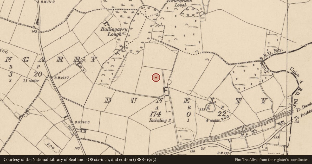 Ordnance Survey six-inch map, 2nd edition (1888–1915) covering the location of Souterrain, Dunelty, County Monaghan, with a pin at the register's coordinates
